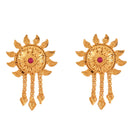 Stylish gold plated earrings with sun design and red gemstones, perfect for Bengali bridal wear.