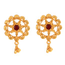 24K gold plated floral design earrings with red gemstone, elegant statement jewelry for any occasion.