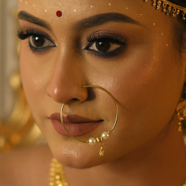 White Beaded Golden Drop Nose Ring (Nath) - BRISHNI