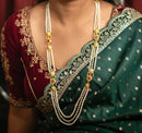 White Beaded Line Flower Framed Long Chatai Necklace Set - BRISHNI