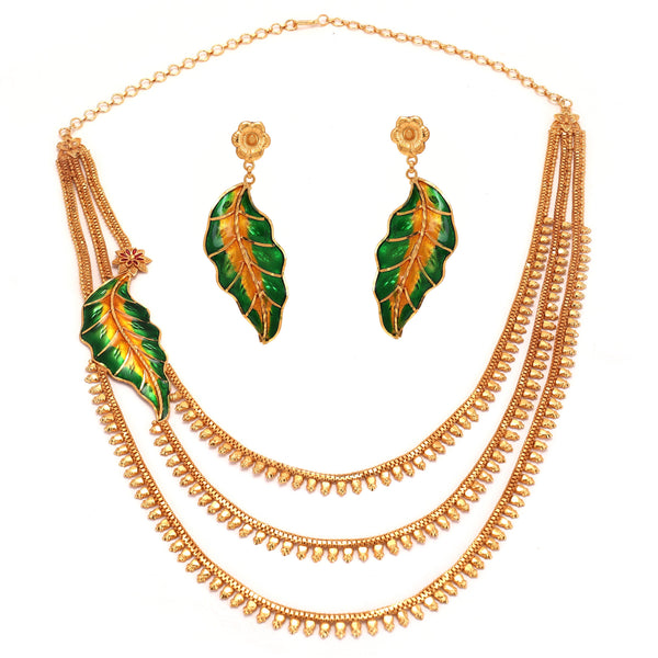 Gold plated Leaf Motif Lahara | Lohori Har With Green Minakari