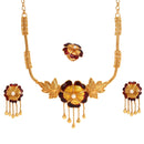 Golden Maroon Minekari Flower Necklace Set With Ring - BRISHNI