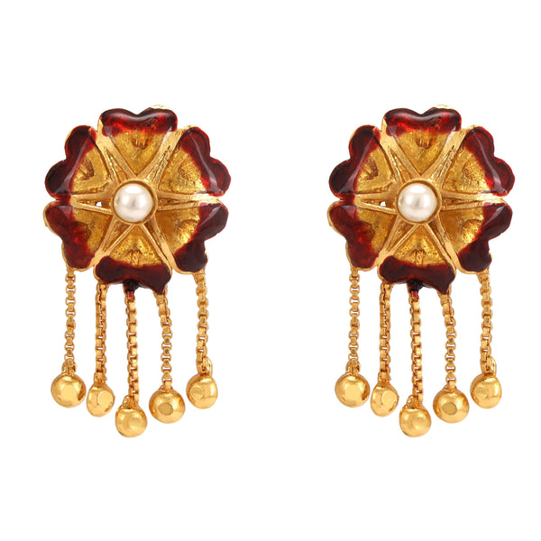 Golden Maroon Minekari Flower Necklace Set With Ring - BRISHNI