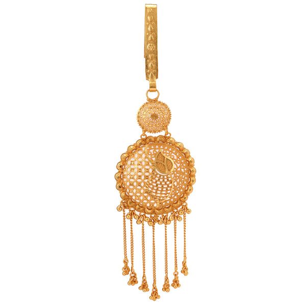 Jaal Decorated Komor Bicha, 24K gold plated copper earring with intricate design and tassels.