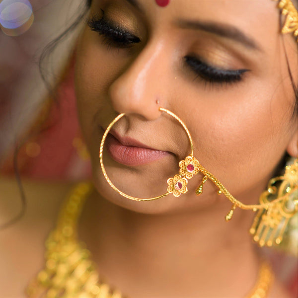 Buy Etnico Gold Plated Bridal Nose Ring with Chain For Women NL06 Online at  Low Prices in India - Paytmmall.com