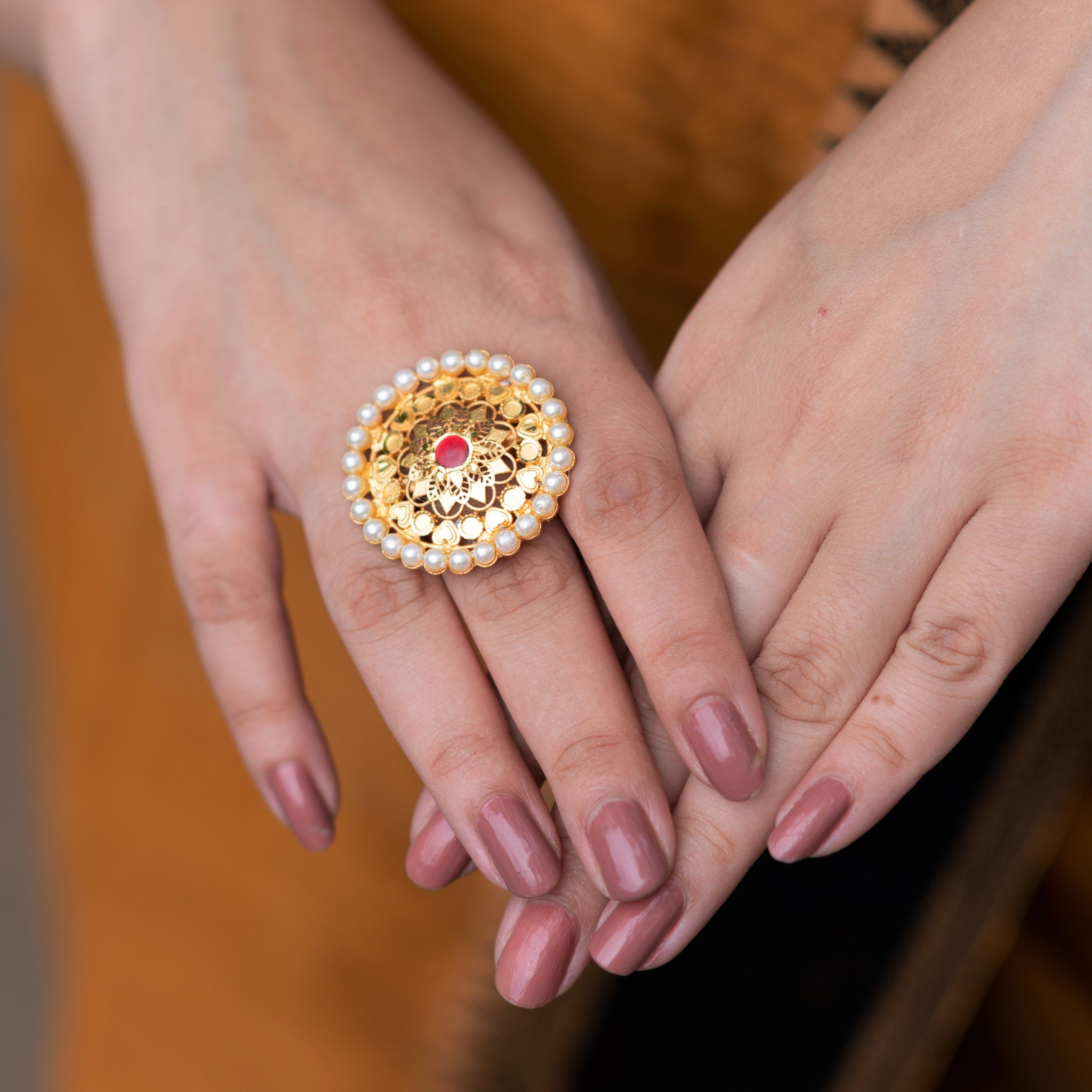 Pearl Ring For Women | 22ct Gold | Floral Design