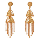 Traditional Bengali gold plated earrings with intricate cut-out design and elegant hanging chains.