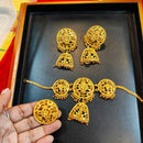Gold-plated choker set featuring earrings and finger ring, intricate design displayed on a black surface.