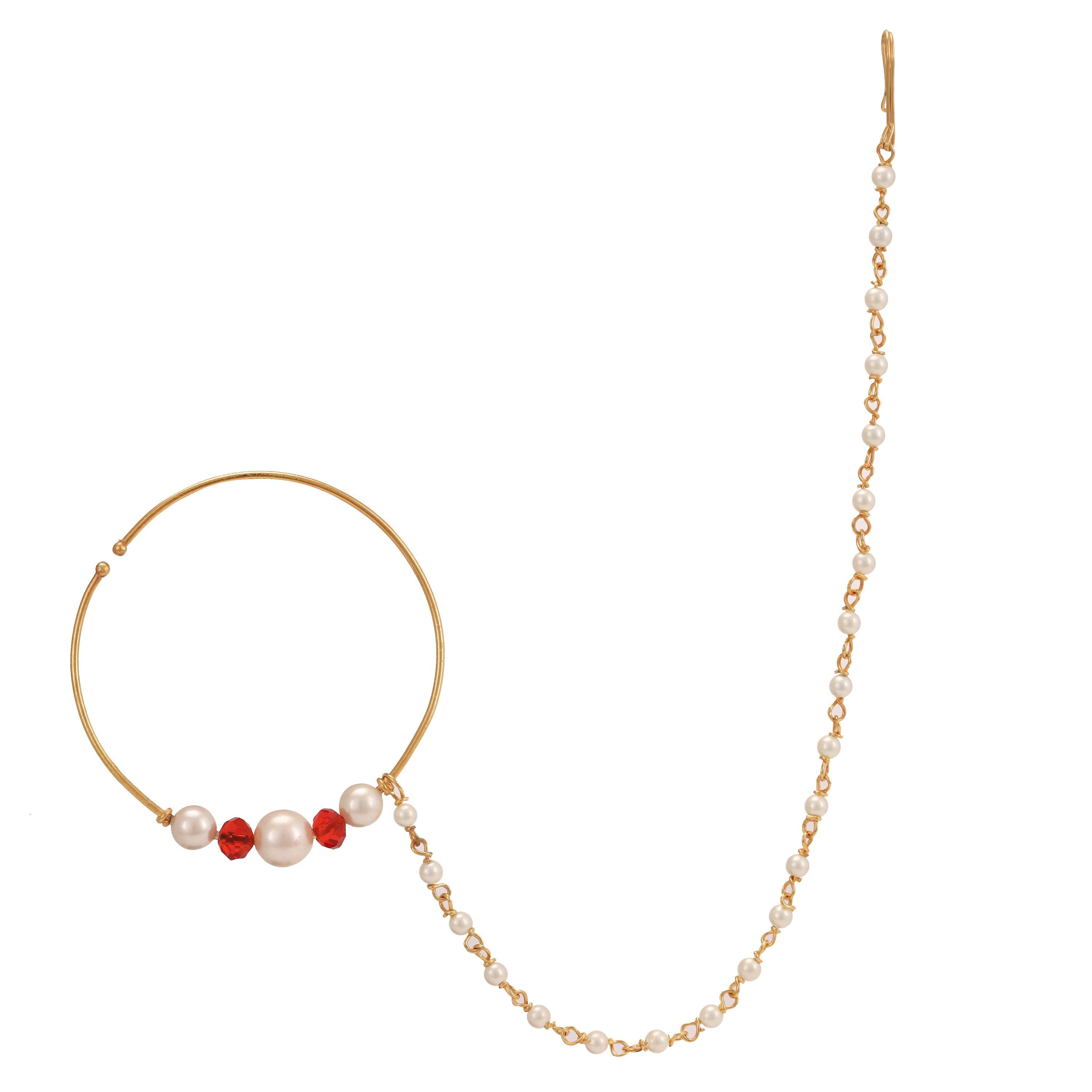 Gold Nose Ring New Simple Nath Design White Red Beaded Nose